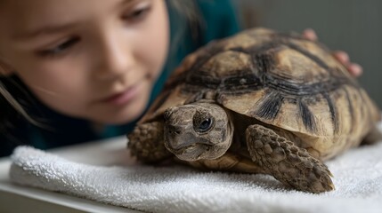 Naklejka na ściany i meble A young child watches a curious tortoise with a patterned shell resting on a soft white towel creating a moment of gentle interaction and learning