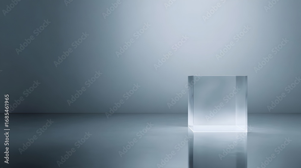 Sticker clear acrylic podium on a polished reflective surface illuminated by soft diffused lighting in a min