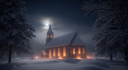 Peaceful winter night with a historic church glowing warmly under a full moon in snowy forest