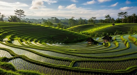Fototapeta premium Lush green rice terraces under a cloudy sky capturing agricultural beauty