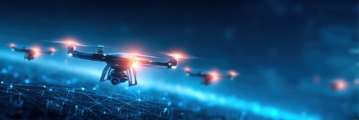 Obraz premium A futuristic scene featuring multiple drones flying over a network of connections, illuminated by blue and orange lights, suggesting advanced technology and surveillance.