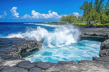Ocean waves crashing over dark rock formations on a tropical shore