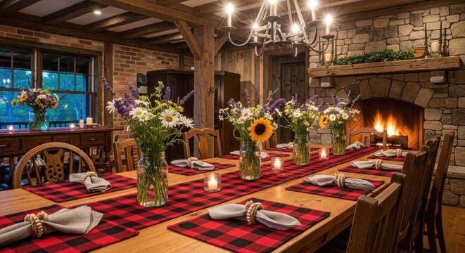 Rustic Dining Room with Cozy Fireplace and Festive Table Setting