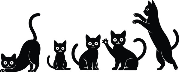 Cute black cat poses collection, cartoon feline characters, stretching, sitting, waving, standing, flat vector illustration for pet-themed design