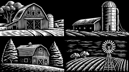 farm life concept illustrated with a hand-drawn funny doodle icon set, featuring barn, silo, farmhouse, and windmills, ideal for countryside design projects, agricultural themes