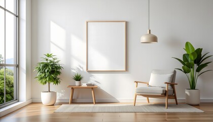 Cozy living room with armchair, plants, and a blank picture frame