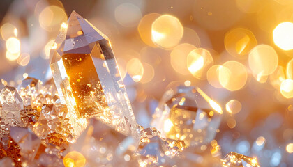 A mesmerizing close-up of luminous crystals bathed in warm, ethereal golden light, showcasing their exquisite clarity and captivating sparkle