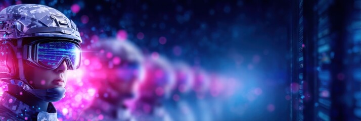 A futuristic soldier stands in front of digital screens, wearing advanced technology gear with colorful lights, evoking themes of innovation and virtual reality.