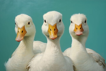 Three white fluffy ducks on a blue background