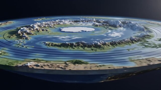 Distant View of Flat Earth Model with Central Continent and Surrounding Ice Wall in Space