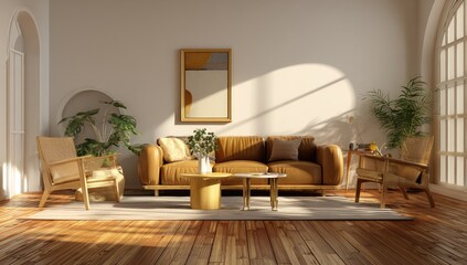A sun-drenched living room, showcasing a contemporary, warm aesthetic with a neutral color palette and light-filled space.