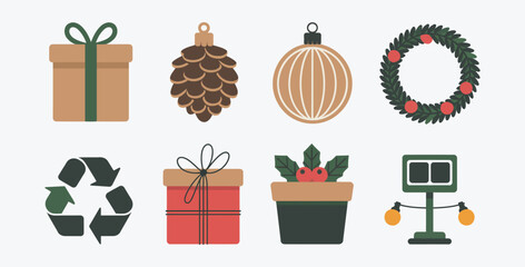 Christmas icons set holiday decoration elements flat vector illustration with gift boxes ornament pine cone recycling symbol festive lights and seasonal wreath for greeting cards banners or web design