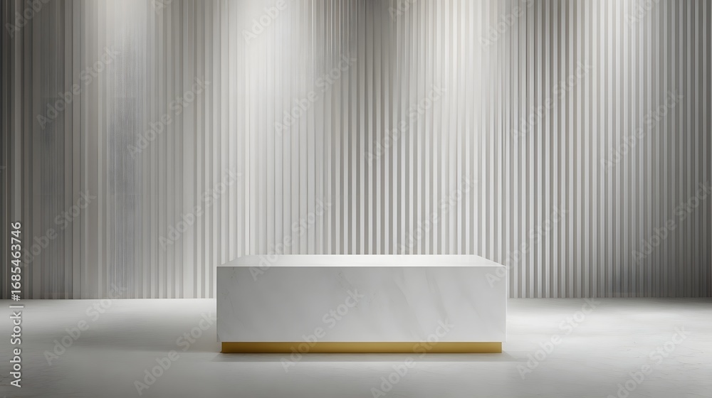 Canvas Prints elegant white marble podium with a gold base against a textured fluted wall illuminated by soft stud