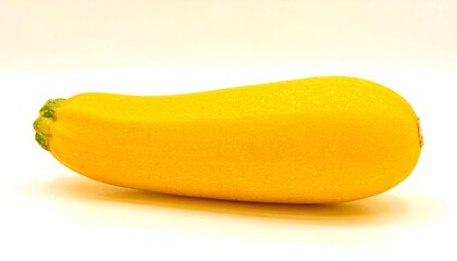 Yellow zucchini, smooth skin, oblong shape, against white background