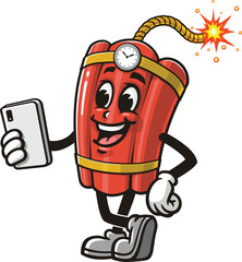 TNT Dynamite mascot cartoon holding a gadget
