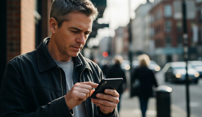 Mid aged man engaged in texting a message while being outdoors. With his mobile phone in hand, he utilizes digital communication to connect with others in the urban environment. High quality photo