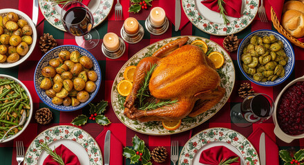 Roasted turkey centerpiece with potatoes, green beans and cranberry sauce on a festive thanksgiving dinner table