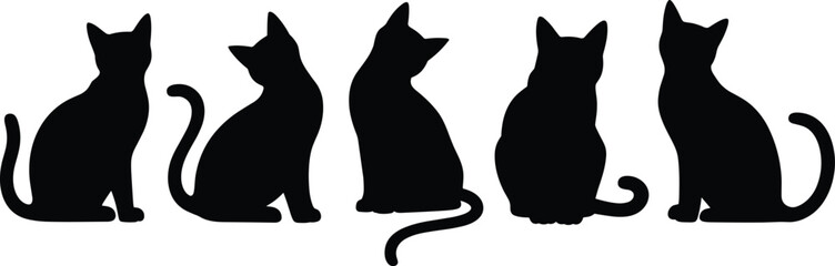Flat vector illustration of five black cat silhouettes sitting, various poses with curled and straight tails, isolated on white background