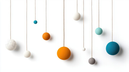 Colorful hanging spheres in various sizes and textures create playful and modern decor element against white background