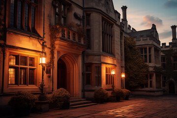 The exterior of the stone building is illuminated with warm dusk light.
