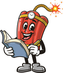 TNT Dynamite mascot cartoon holding a book