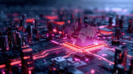 A futuristic digital landscape featuring a circuit board illuminated in vibrant pink, showcasing a world map made of data points and interconnected cities.