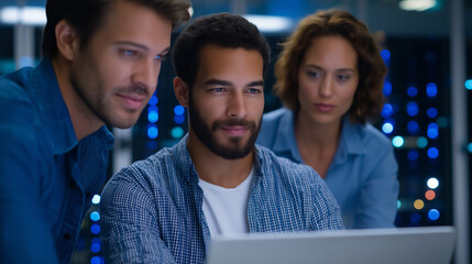 A team of technicians collaborating on a laptop in a server room serious expressions focused on the screen glowing blue lights from servers surrounding them atmosphere