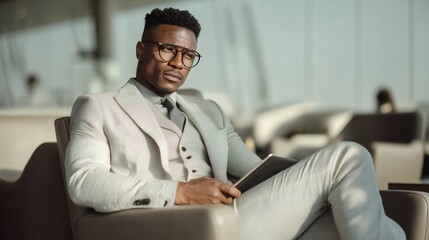 Confident African American Businessman with Tablet in Modern Lou