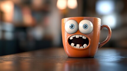 3D cartoon coffee cup with smiling face, large expressive eyes, and cheerful character design sitting on a colorful table surface