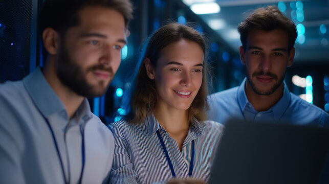 A team of technicians collaborating on a laptop in a server room serious expressions focused on the screen glowing blue lights from servers surrounding them atmosphere