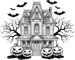 Haunted house Halloween, spooky Victorian mansion, eerie pumpkins, twisted trees, flying bats, gothic scene, cad drawing, flat vector illustration