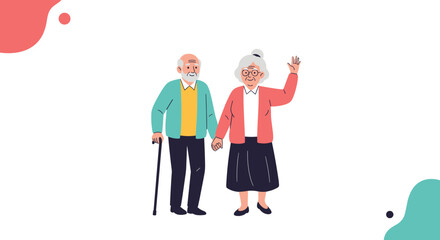 Fototapeta premium A delightful illustration of a senior couple holding hands cheerfully with a gentle backdrop of organic shapes and muted colors representing a positive and peaceful retirement