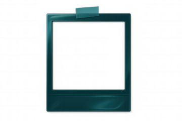 Sticky-taped empty glossy photo frame hanging, positioned against transparent backdrop, awaiting personalized content