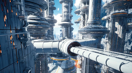 Futuristic space city with elevated walkways, sci-fi architecture and clear blue sky