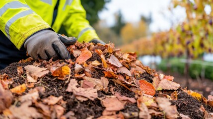 Obraz premium Close-up of Worker in Bright Jacket Sorting Autumn Leaves for Compost in Agricultural Field during Fall Season