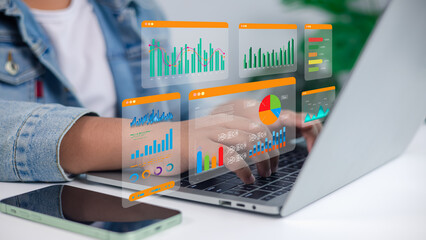 Business Data Analytics and Digital Charts Hologram on Laptop Computer for Technology and Marketing