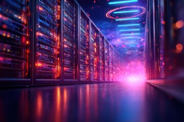A futuristic server room illuminated by vibrant lights, showcasing rows of servers and a sleek, modern design.