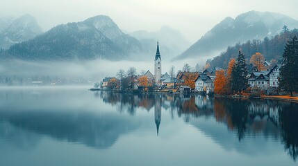Medieval Hall Village Austria Autumn Landscape, Lake Mountain Morning Fog Travel Concept

