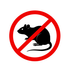 Red prohibition sign with a black silhouette of a rat inside indicating no rodents allowed