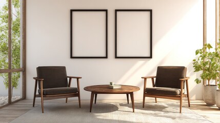 Fototapeta premium Modern Minimalist Living Room with Two Armchairs and Coffee Table in Bright Sunlit Space