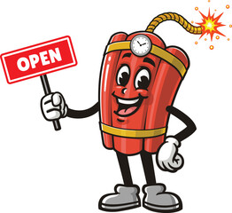 TNT Dynamite mascot cartoon holding an open sign