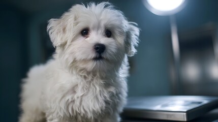 Adorable white fluffy puppy stands attentively on a medical scale during a veterinary checkup under bright clinic lights