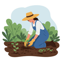 Woman farmer wearing straw hat and overalls planting seedlings in a garden bed with lush green plants
