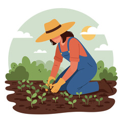 A woman farmer wearing a straw hat and overalls plants seedlings in a garden on a sunny day