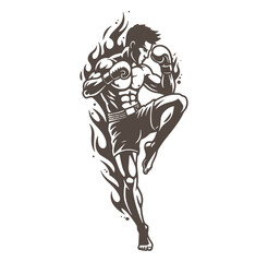 Fototapeta premium Powerful boxer performing a high kick silhouette illustration with fiery flames around his body