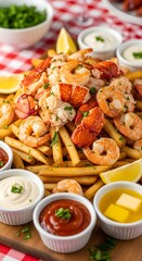 Fototapeta premium Lobster and shrimp piled on French fries with lemon wedges and dipping sauces