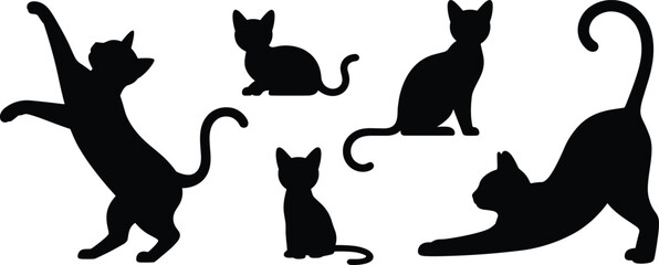 Flat vector illustration of playful black cat silhouettes in various poses, stretching, sitting, standing, isolated on white background, vector art