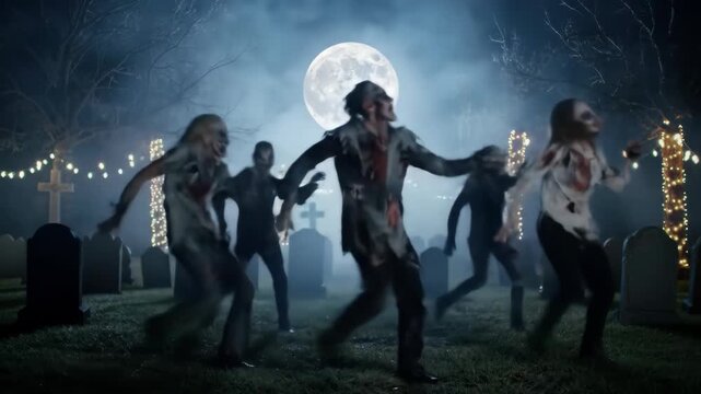 Group of Zombies Performing Spooky Synchronized Dance Choreography in Graveyard, with Full Moon and Atmospheric Fog Effects