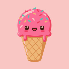 Cute kawaii pink strawberry ice cream cone with colorful sprinkles and a happy face