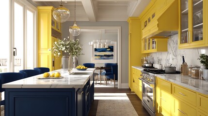 Bright modern kitchen interior with yellow cabinets, white countertops, stylish lighting, and cozy natural dining space